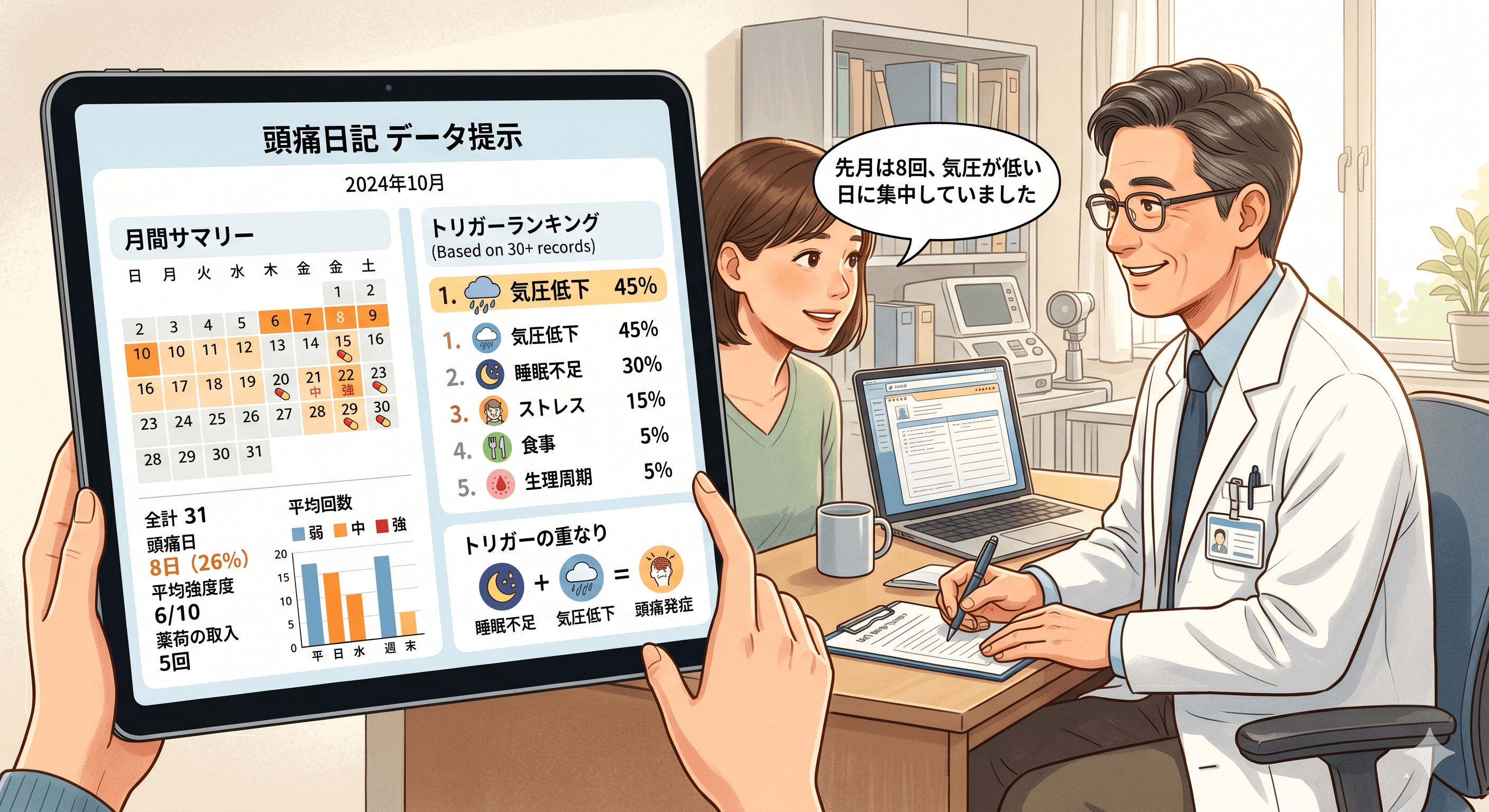 頭痛日記のデータを医師に提示するシーン(月間サマリー・トリガーランキング)のイメージ図