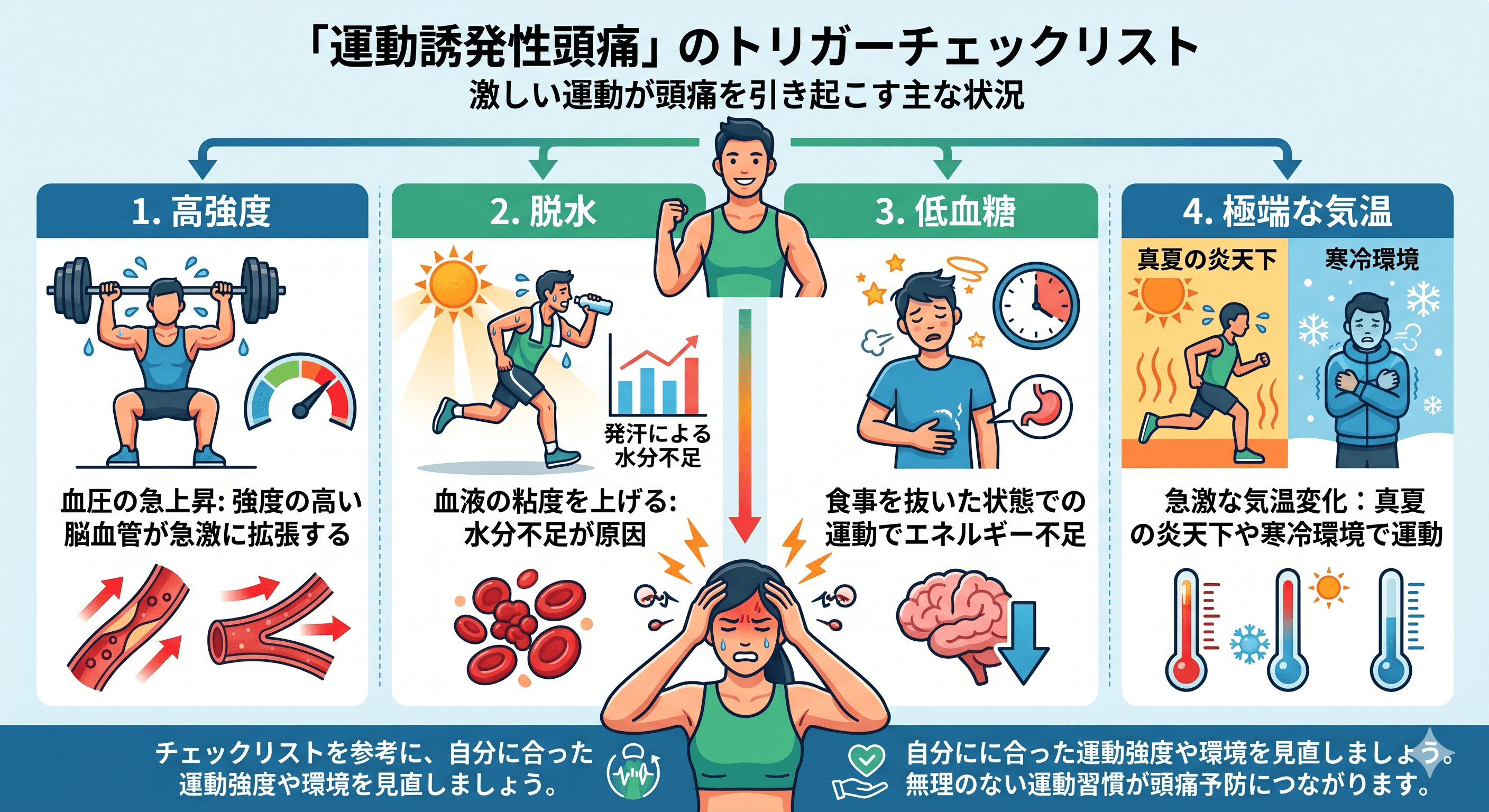 運動誘発性頭痛が起きやすい状況(高強度・脱水・低血糖・極端な気温)のチェックリスト図