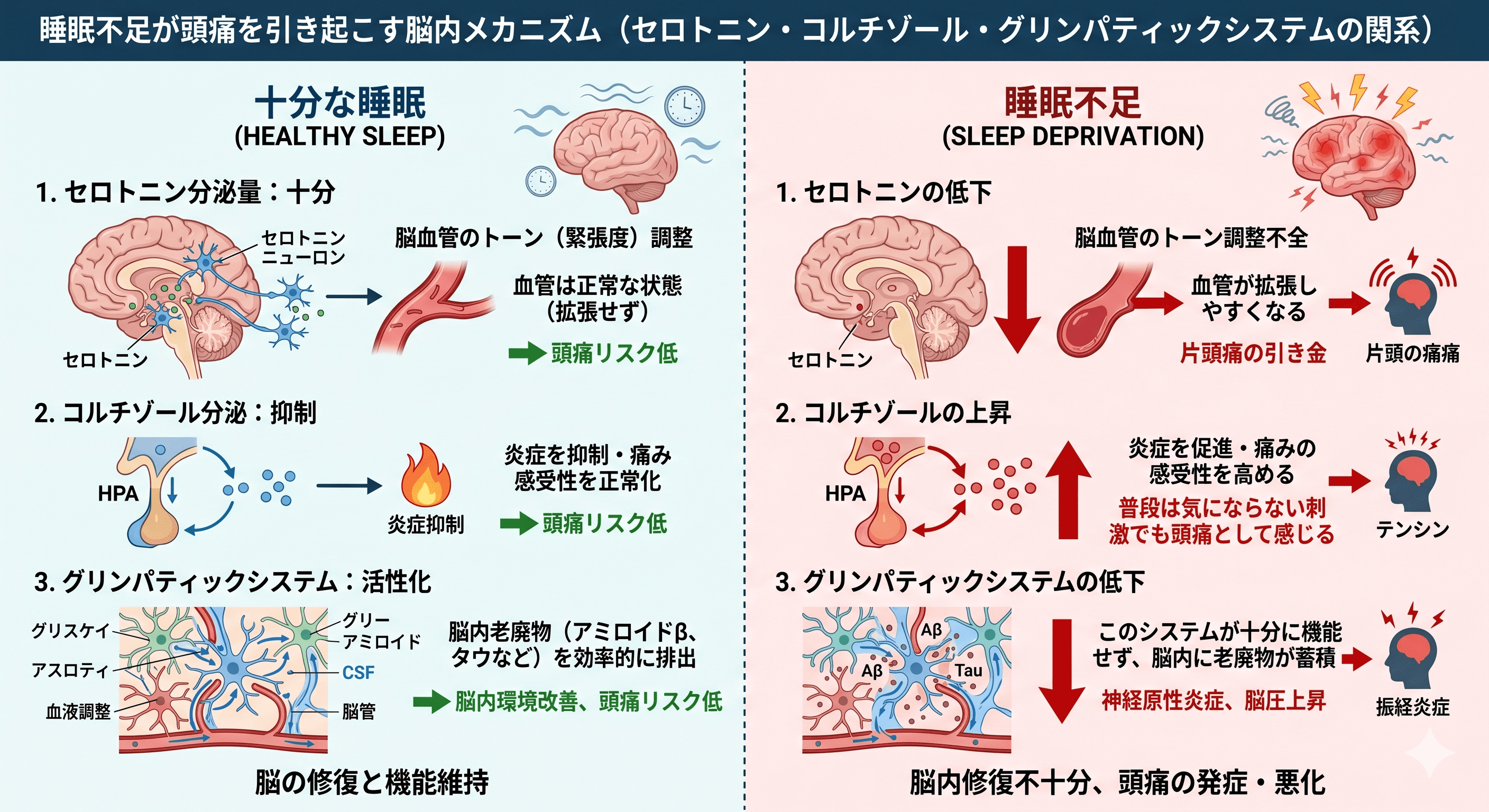 睡眠中の脳内メカニズム(セロトニン・コルチゾール・グリンパティックシステムの関係図)