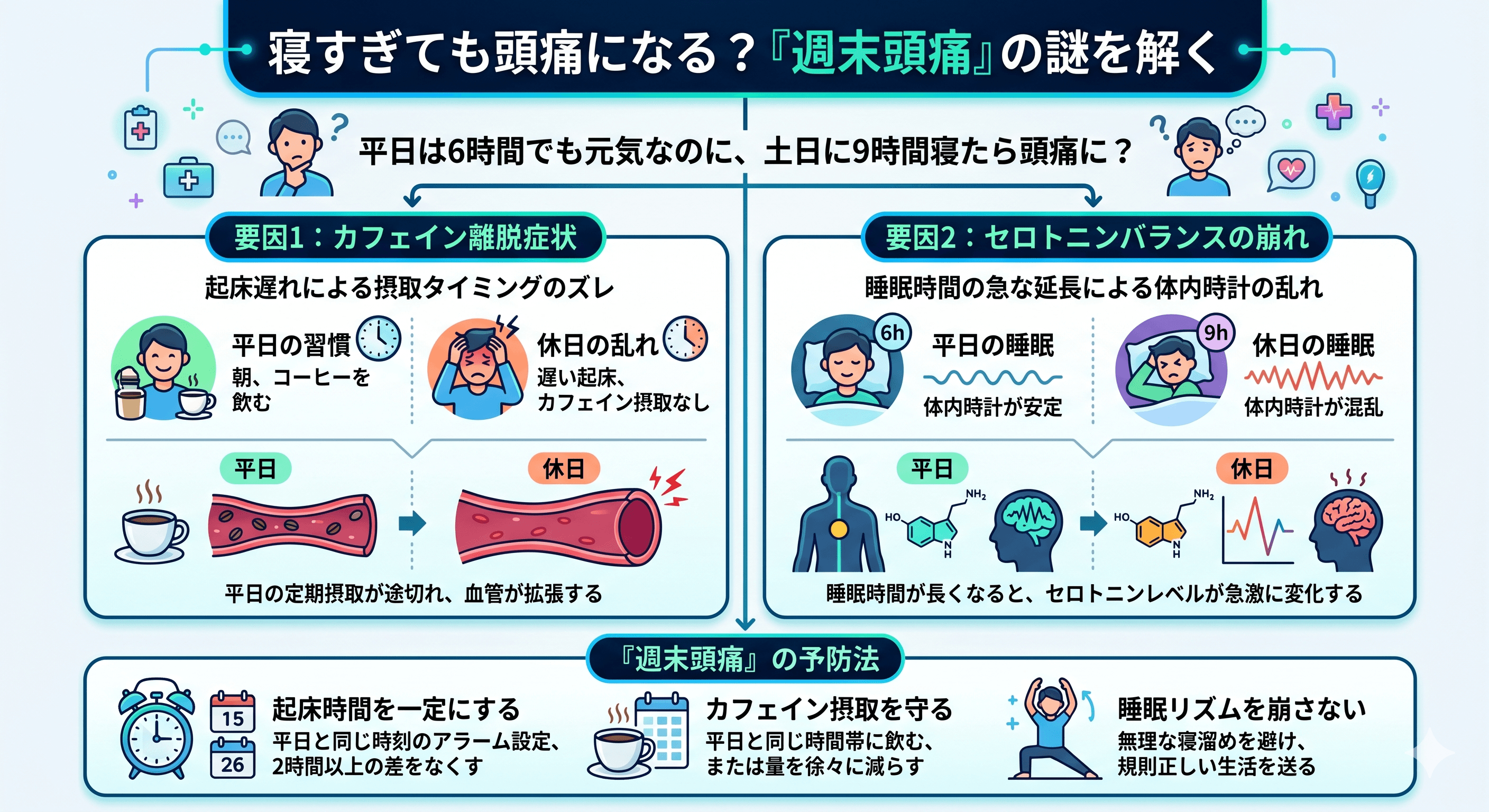 週末頭痛のパターン図(平日と休日の睡眠・カフェイン摂取タイムライン比較)