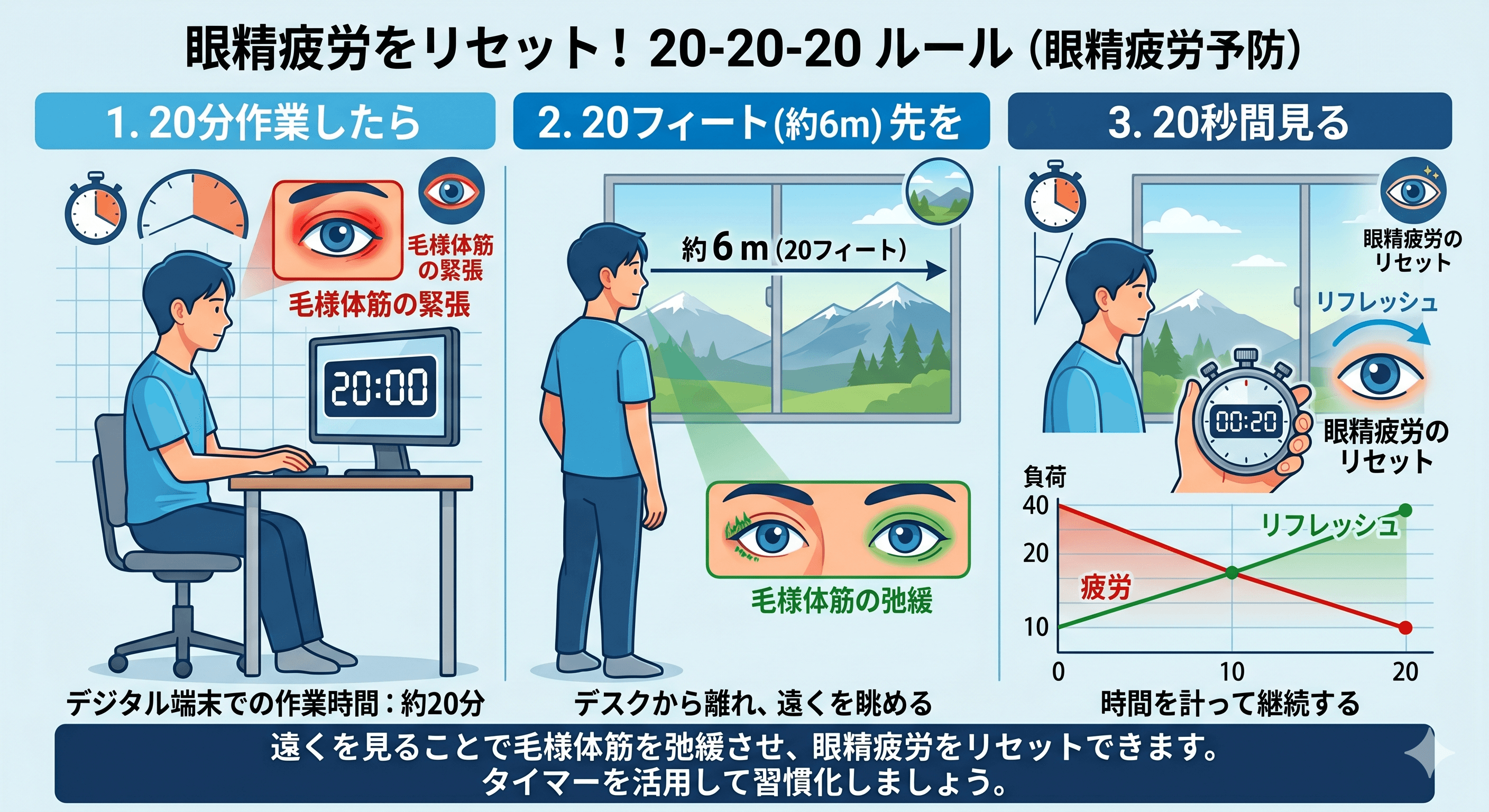 20-20-20ルールを説明するイラスト(20分・6m先・20秒のビジュアル)