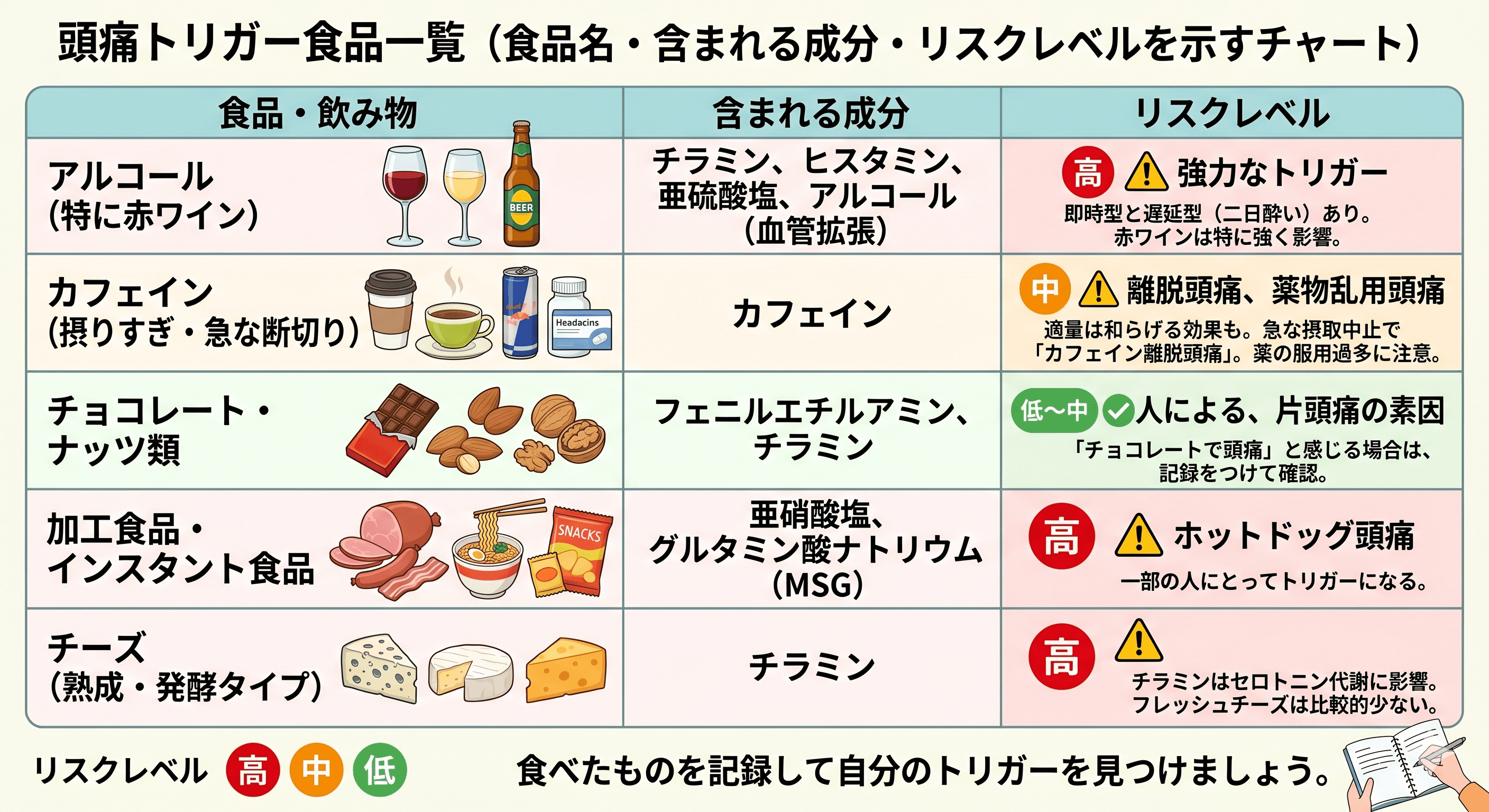 頭痛トリガー食品一覧(食品名・含まれる成分・リスクレベルを示すチャート)